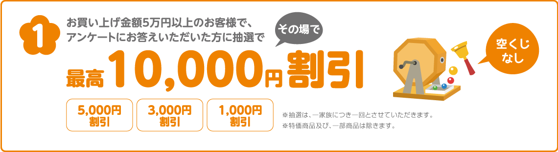 お買い上げ金額5万円以上のお客様で、アンケートにお答えいただいた方に抽選で、最高10,000円割引